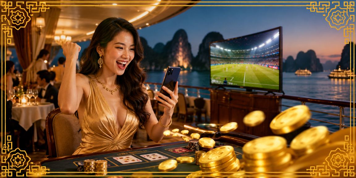 Người dùng Việt Nam chơi Baccarat trực tuyến với cảnh Vịnh Hạ Long phía sau